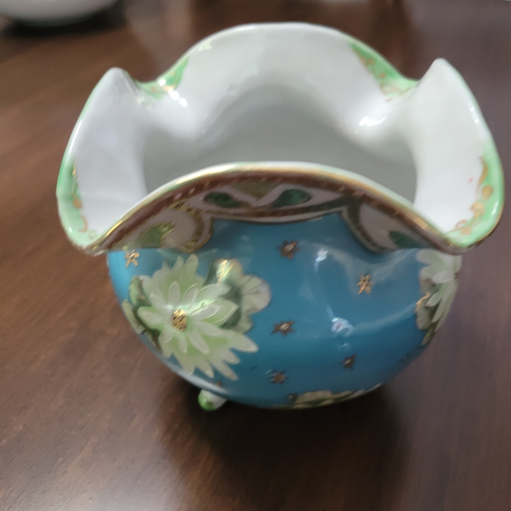 Vintage  Blue and Green Floral Vase  Bowl